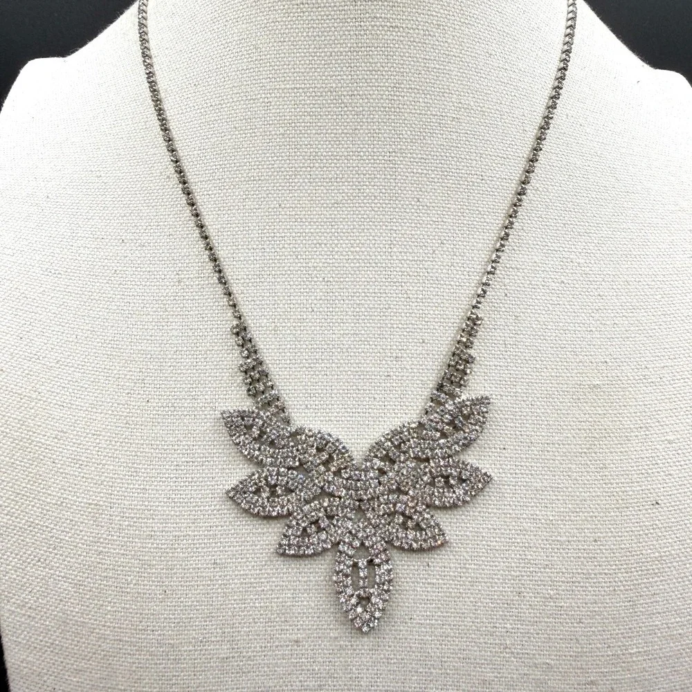 Rhinestone Leaf Statement Necklace Silver Tone Crystal Floral Bib Collar Jewelry